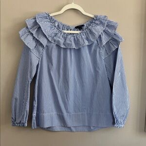 J Crew Ruffle-shoulder top in blue and white stripe blouse size medium